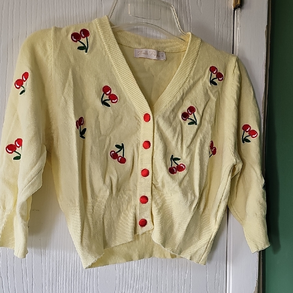 Cherry Embroidered Yellow Cardigan Sweater